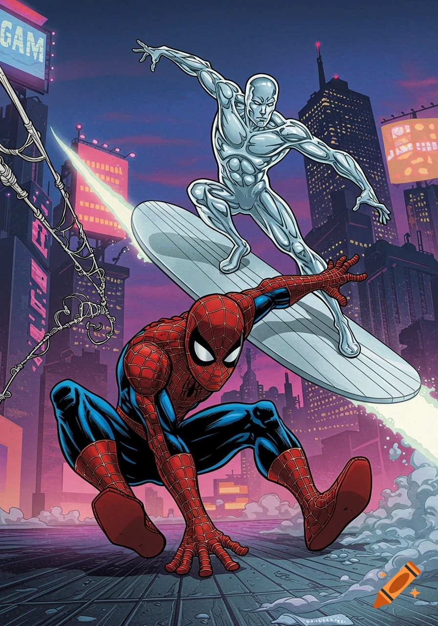 Spider-Man crouches while the Silver Surfer surfs above him against a city skyline, comic art style