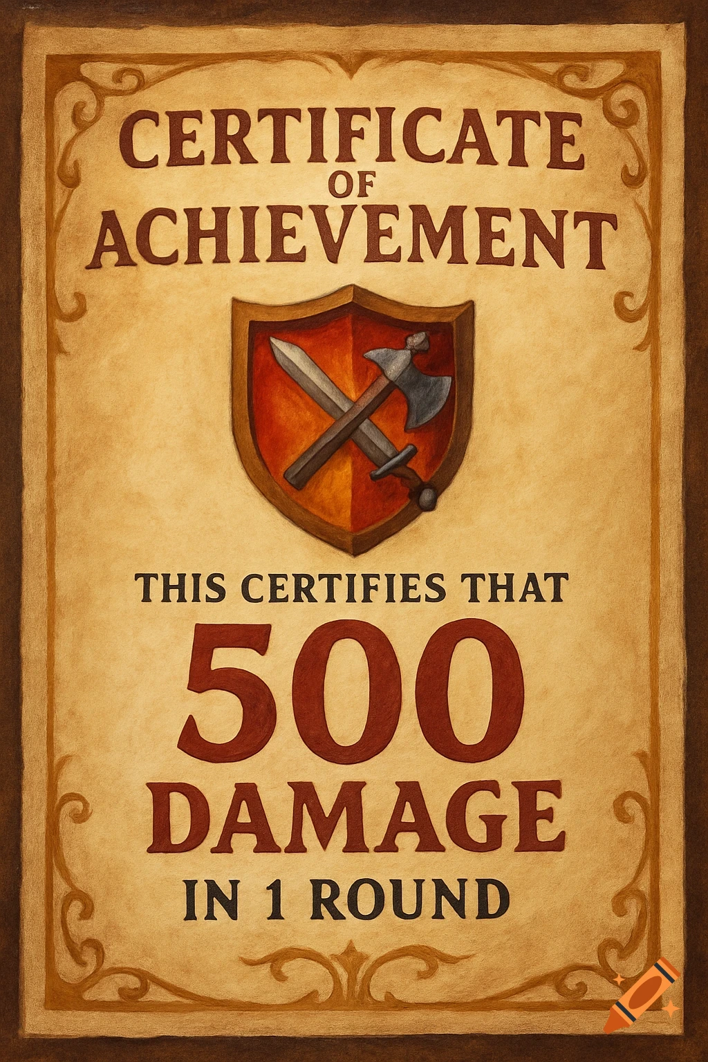 Certificate of achievement for 500 damage in 1 round with a shield, sword, and axe.
