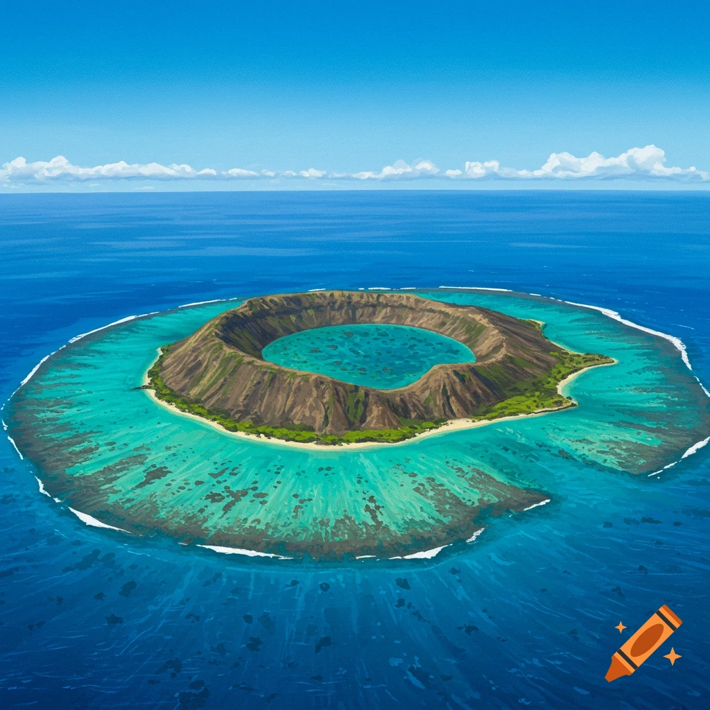 An aerial view of a volcanic crater island in the ocean with a surrounding reef and turquoise water.