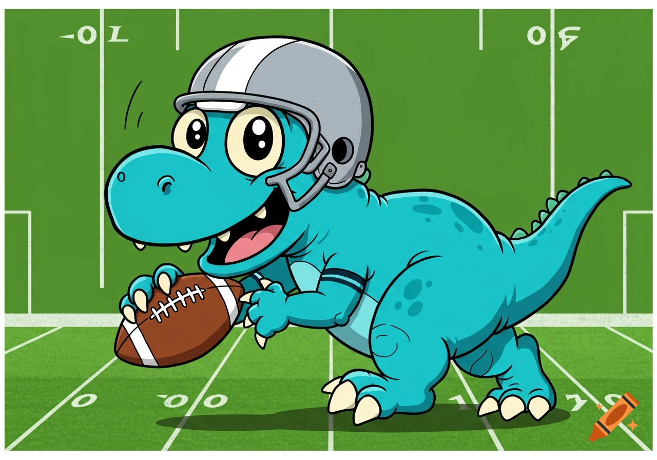 A cute turquoise cartoon dinosaur wearing a football helmet holds a football on a green field.