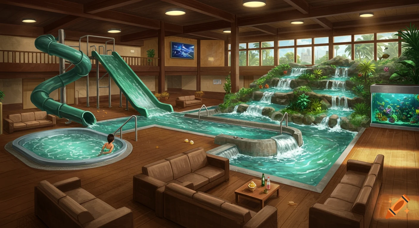 Illustration of an indoor water park with slides, waterfalls, hot tub, fish tank, and sofas.