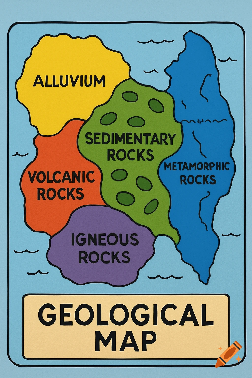 A cartoon-style geological map showing areas labeled Alluvium, Sedimentary Rocks, Volcanic Rocks, Igneous Rocks, and Metamorphic Rocks.