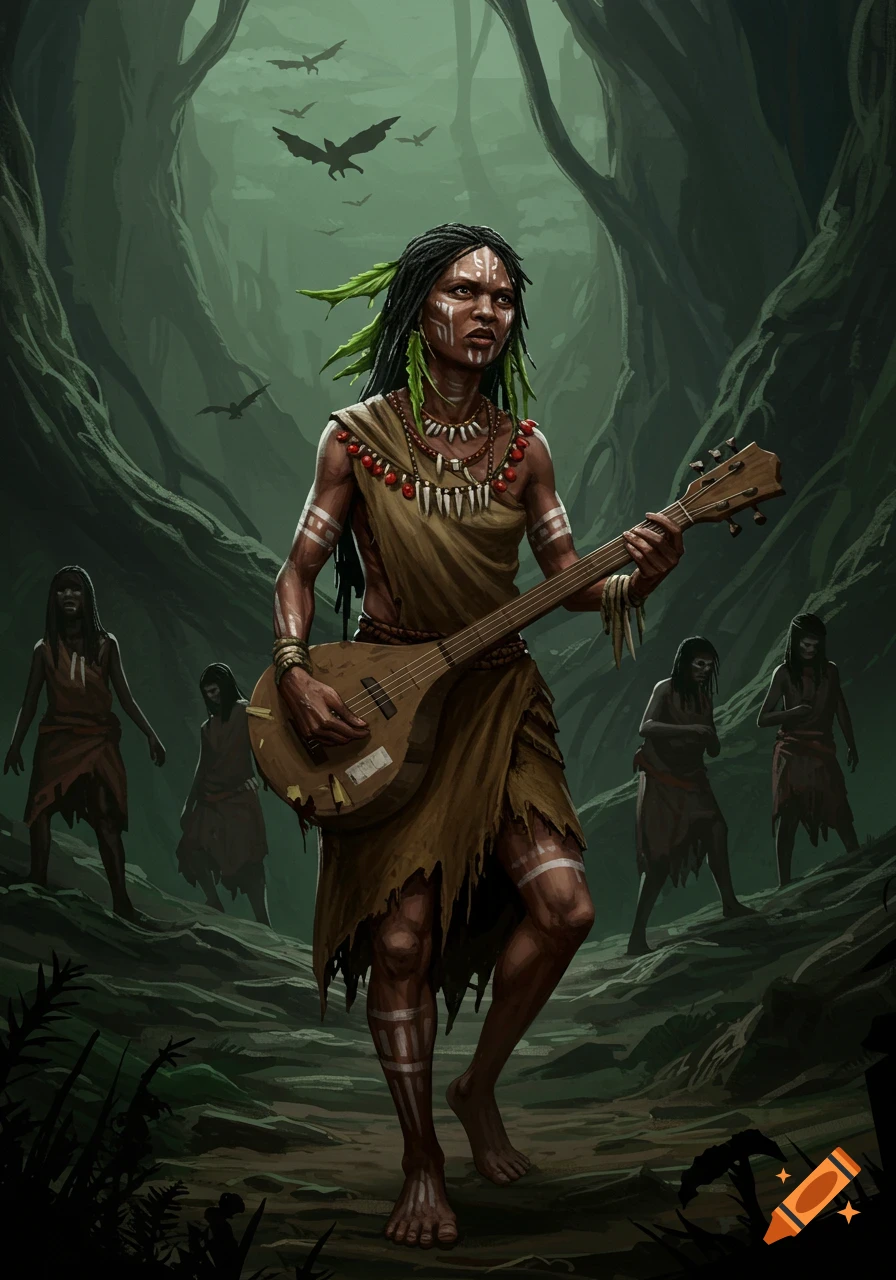 Person with dreadlocks and tribal paint plays a stringed instrument in a dark forest with bats and figures in the background. Dark fantasy style.
