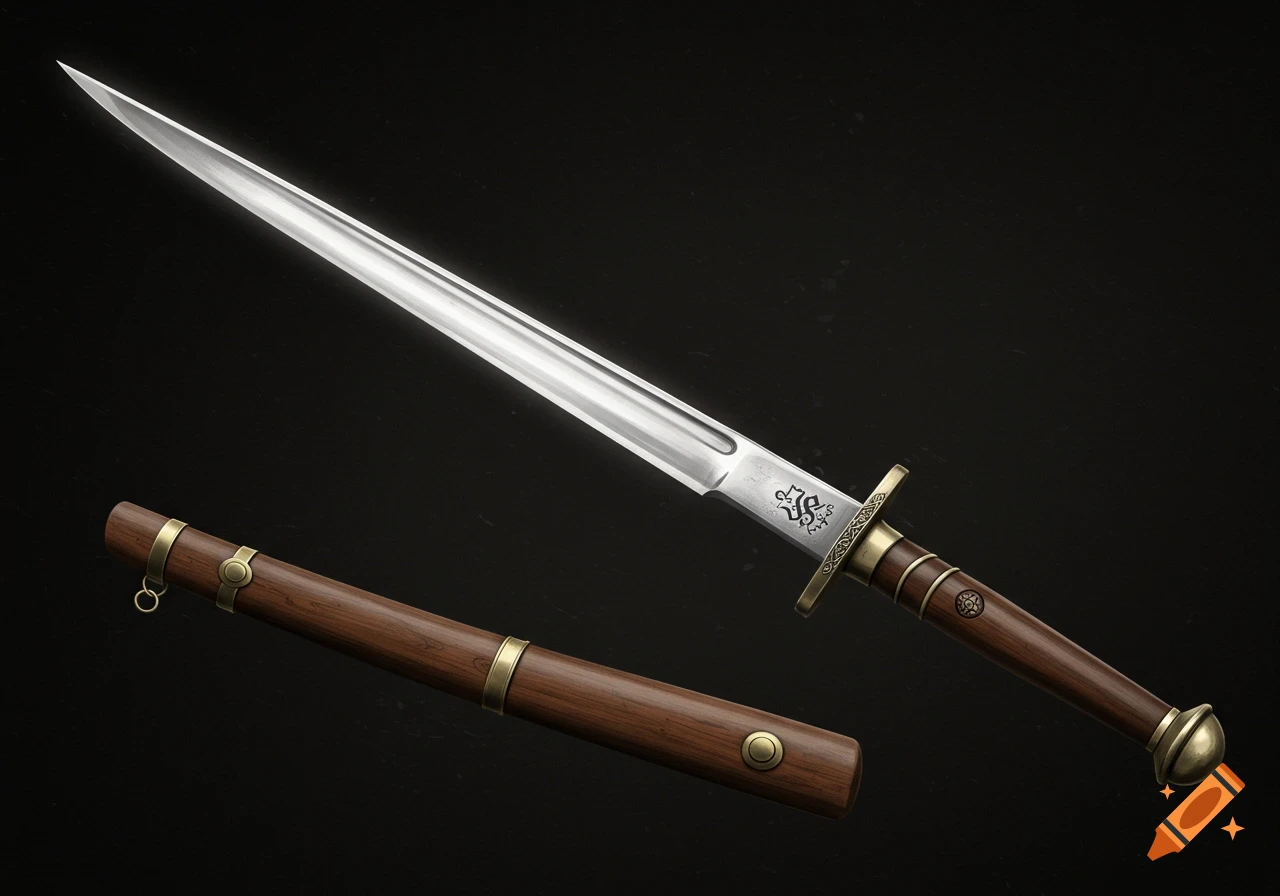A detailed sword with a metal blade, brass guard and pommel, and a wooden handle, next to its wooden scabbard on a dark background.