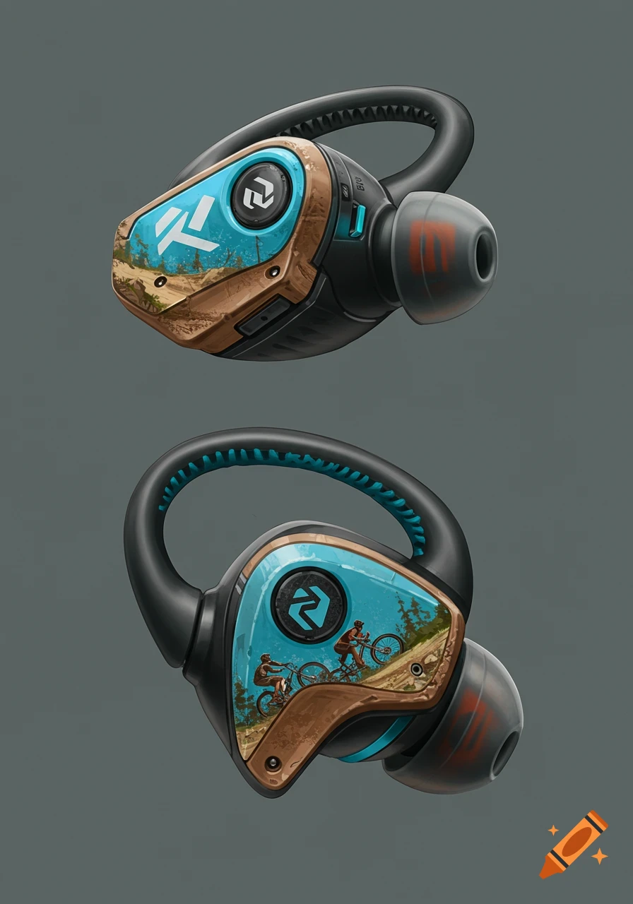 Illustration of black and blue wireless earbuds with a mountain biking scene and logo depicted on the side panels.