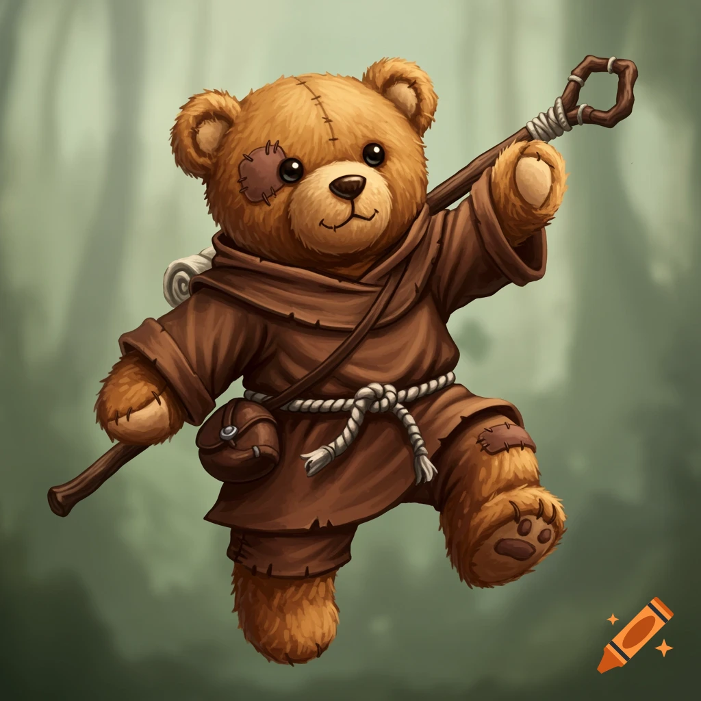 Illustrated teddy bear character dressed as a monk or rogue, holding a staff.