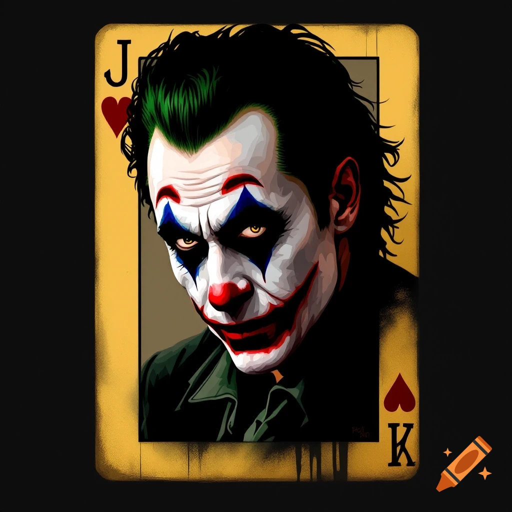 Illustration of a person with Joker makeup on a Jack of Hearts playing card.