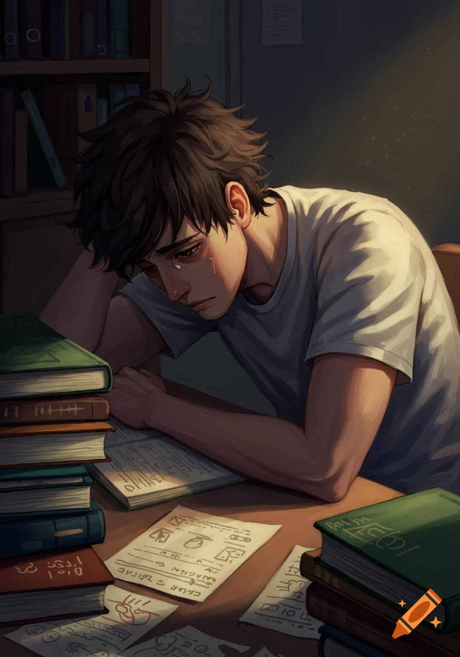 An illustration of a young man looking sad while sitting at a desk with books and papers.