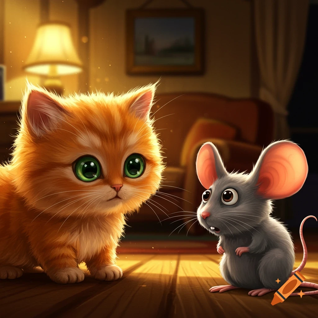 Cute cartoon ginger kitten with big green eyes looks at small grey mouse with big ears in a dimly lit room.