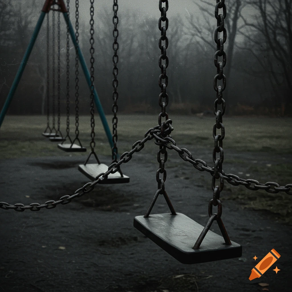 Dark, moody image of chained swings on a playground on a foggy day.