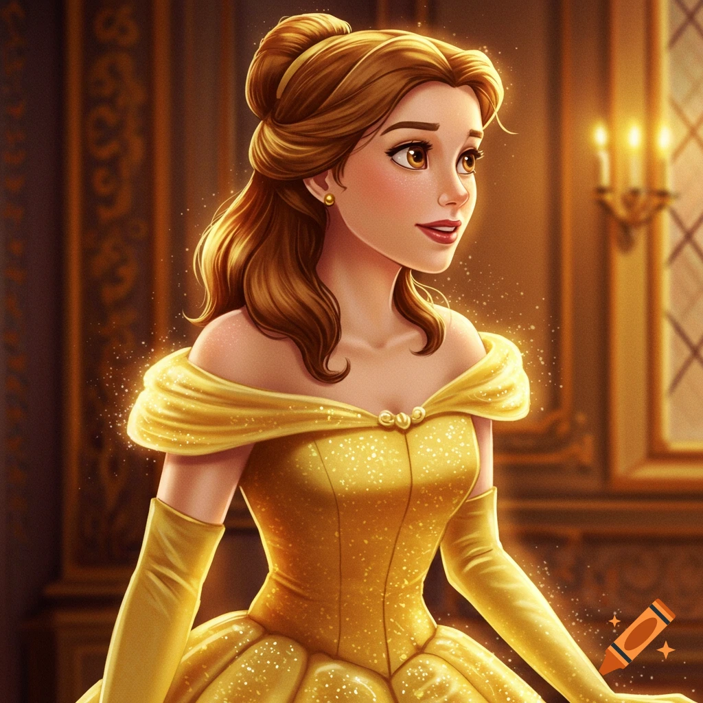A digital illustration of Princess Belle in a golden dress in a castle.