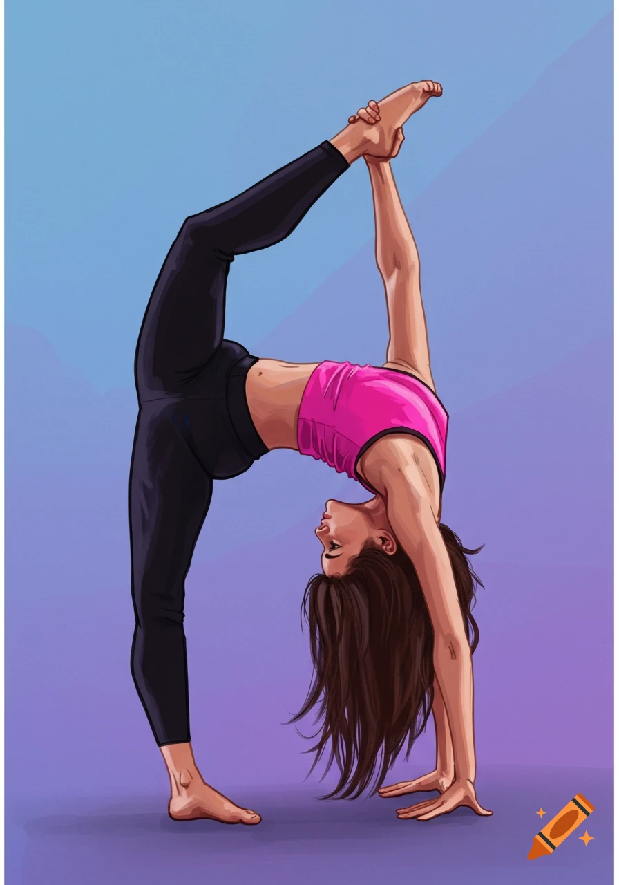 Illustration of a flexible girl doing a standing split pose on Craiyon