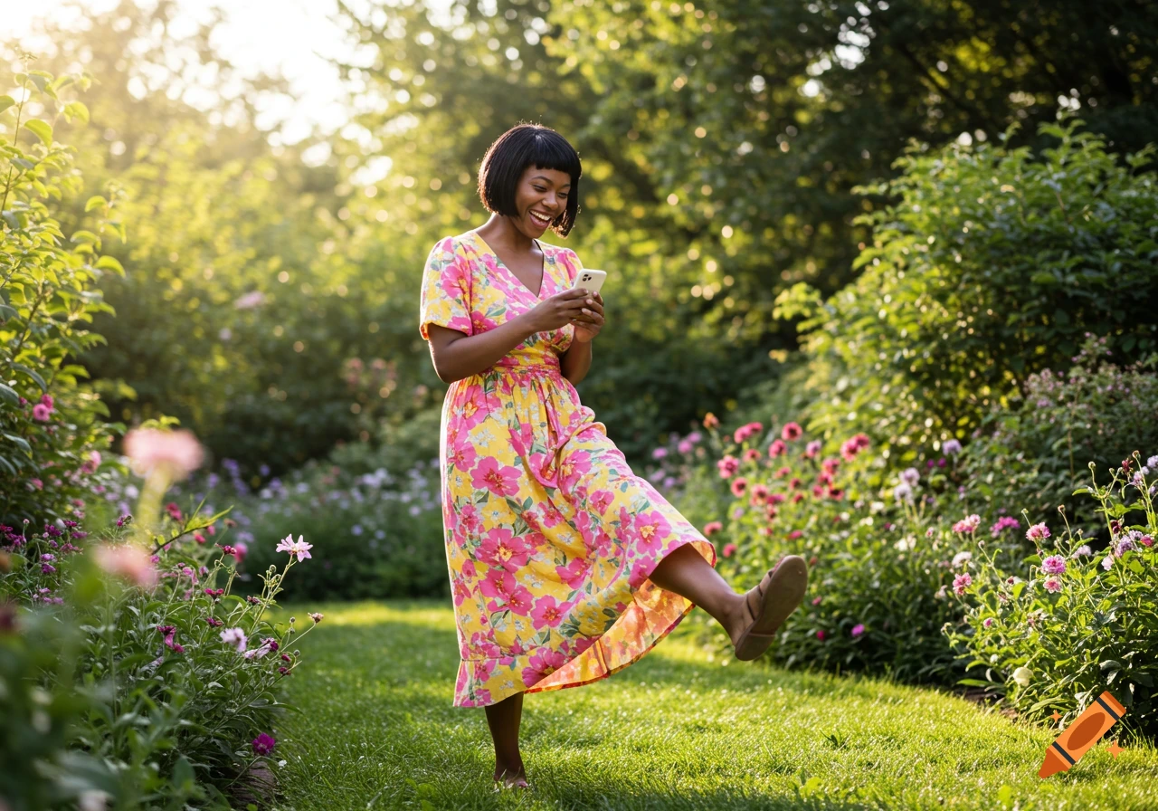 Woman in floral dress happily looking at phone in a sunny garden, lifting her leg.