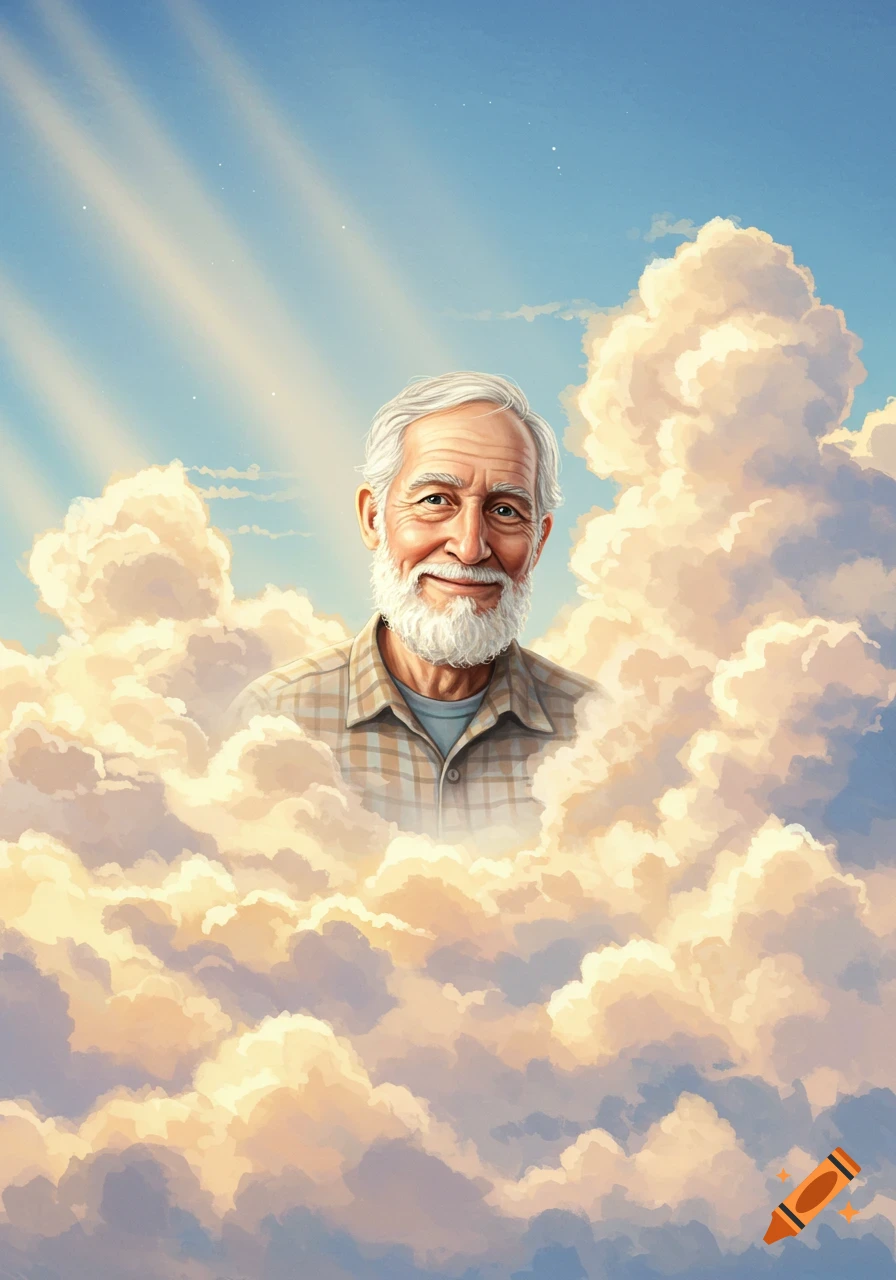 Smiling old man with white beard looking from golden clouds in a sunny sky