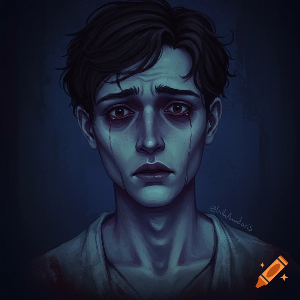 Digital painting portrait of a young man with tears of blood running down his face, looking sad.