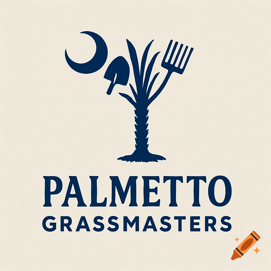 Logo for Palmetto Grassmasters featuring a stylized palmetto tree, shovel, rake, and crescent moon.