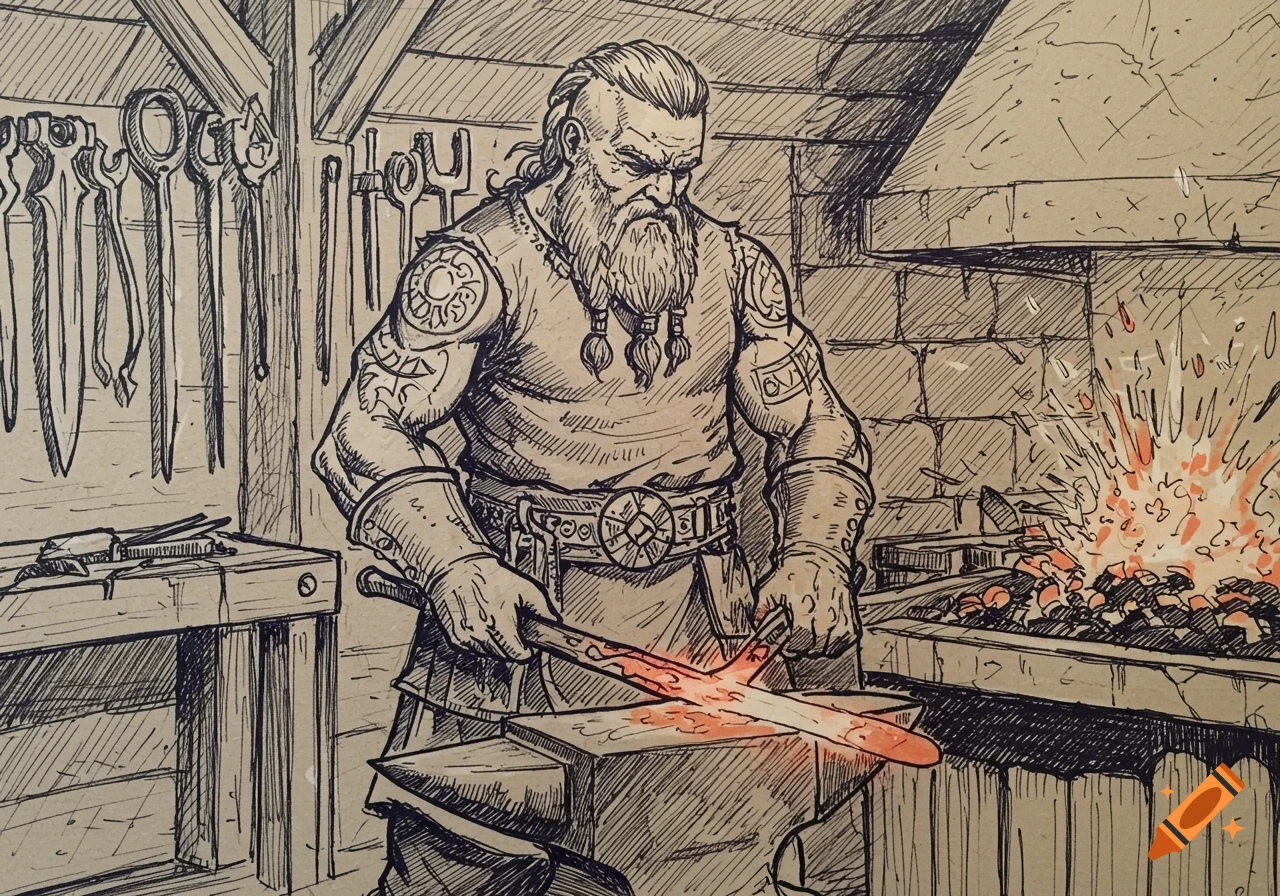 Sketch of a viking blacksmith forging a hot sword in a forge.