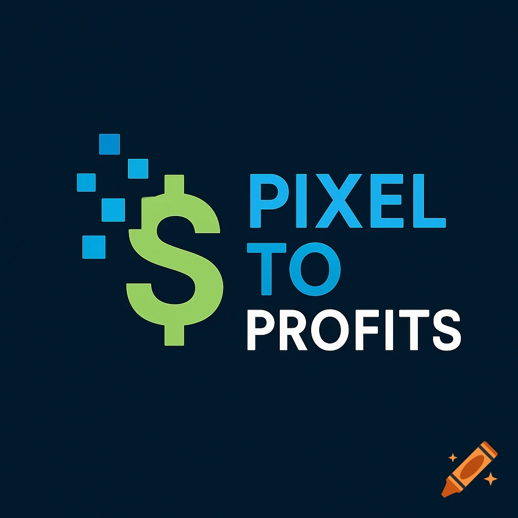 Logo for 'Pixel to Profits' featuring green dollar sign and blue pixel squares with text.