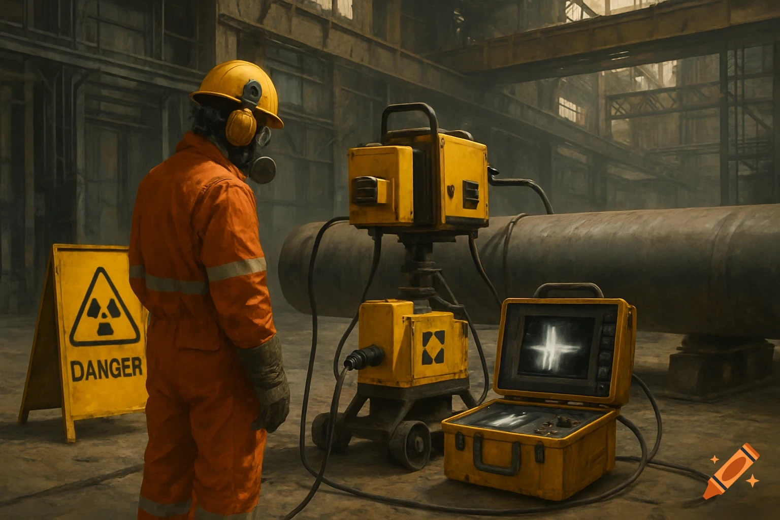 Worker in protective gear examines industrial radiation equipment next to a danger sign.