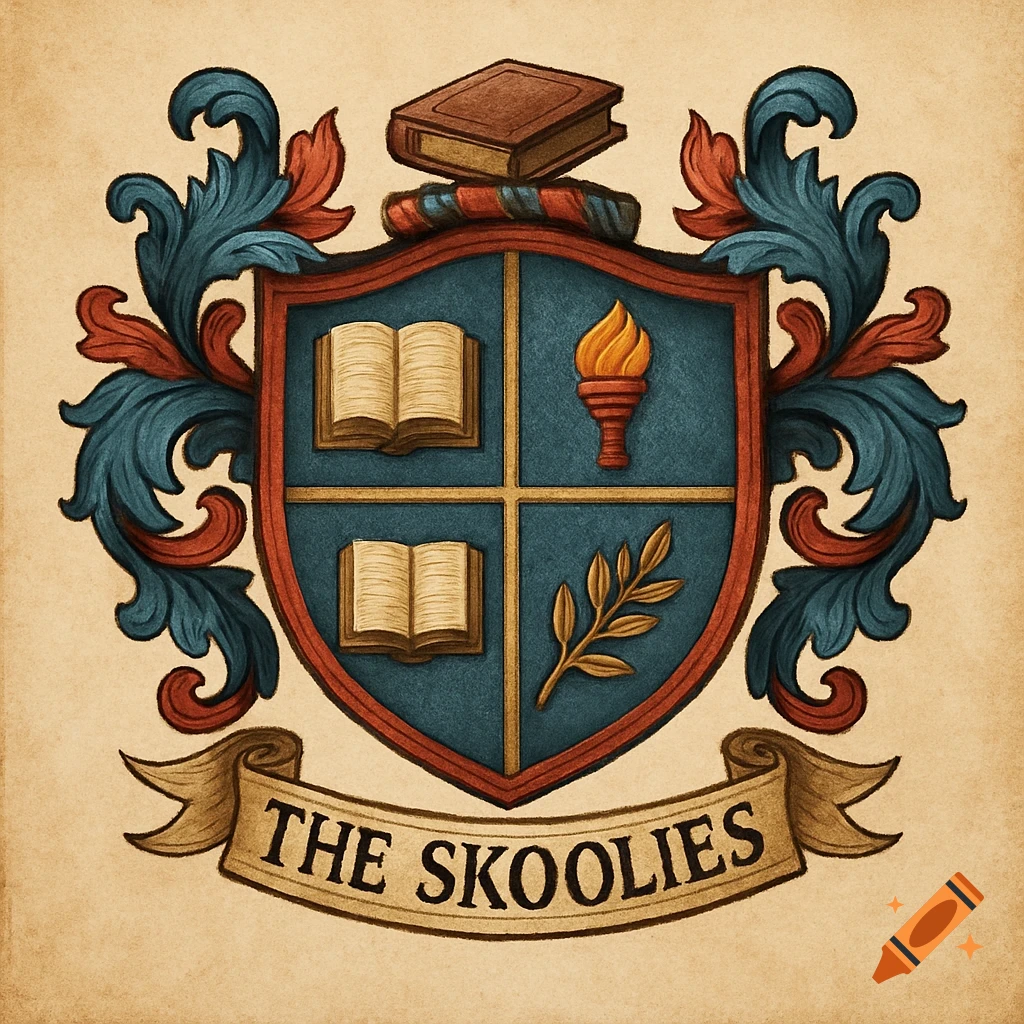 University crest with books, torch, and a banner reading "THE SKOOLIES", in a vintage style.