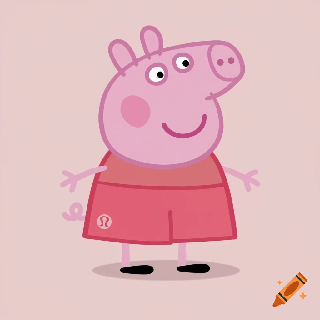 Peppa Pig cartoon character wearing red shorts with a white logo