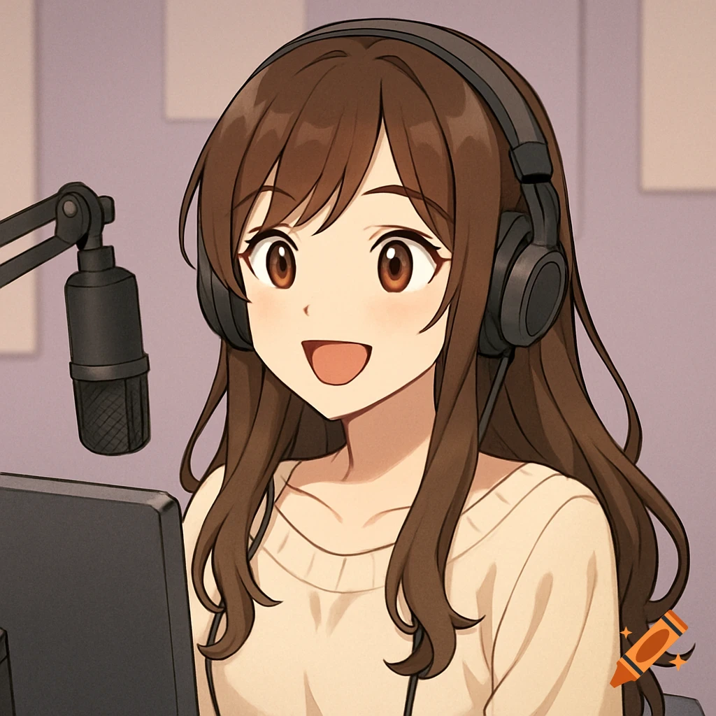 Anime woman with brown hair wearing headphones, smiling at a computer screen near a microphone