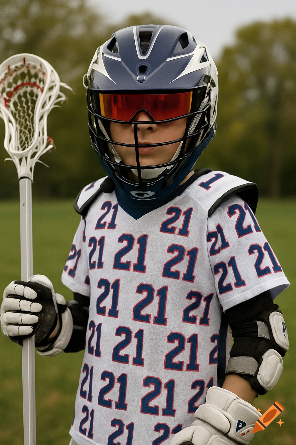 A young person in blue and white lacrosse gear with the number 21 repeated on the jersey holds a lacrosse stick.
