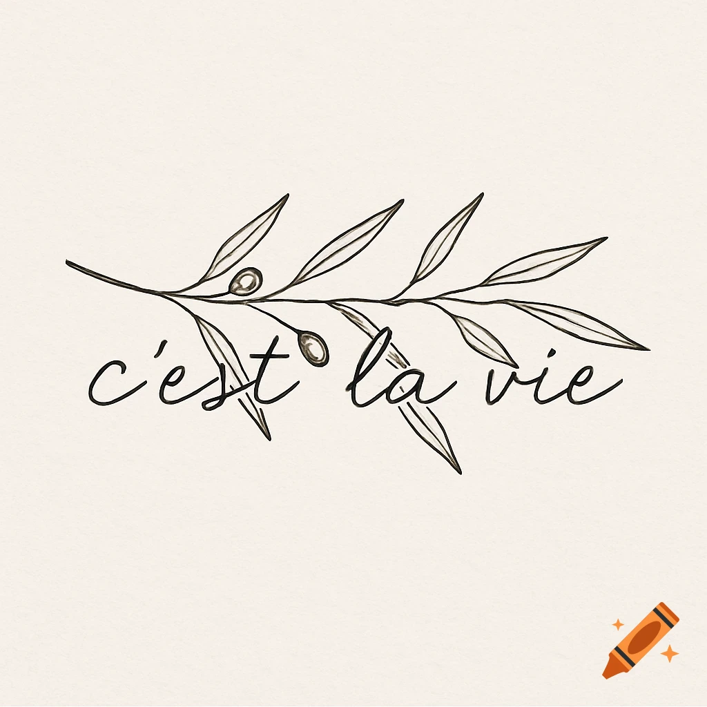 Fine line drawing of an olive branch weaving through the text 'c'est la vie' on a light background.