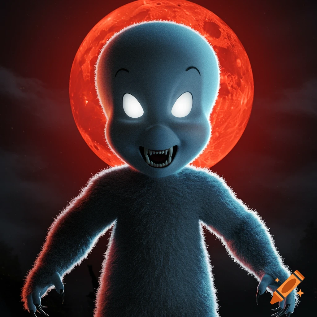 Furry monster with fangs and glowing eyes in front of a red moon.