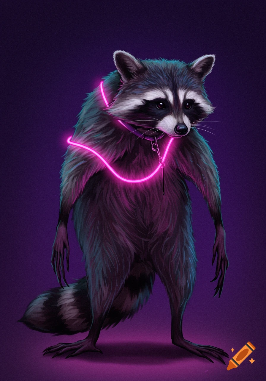 A furry raccoon with a neon pink leash stands on a purple background, depicted without a head and with long claws.