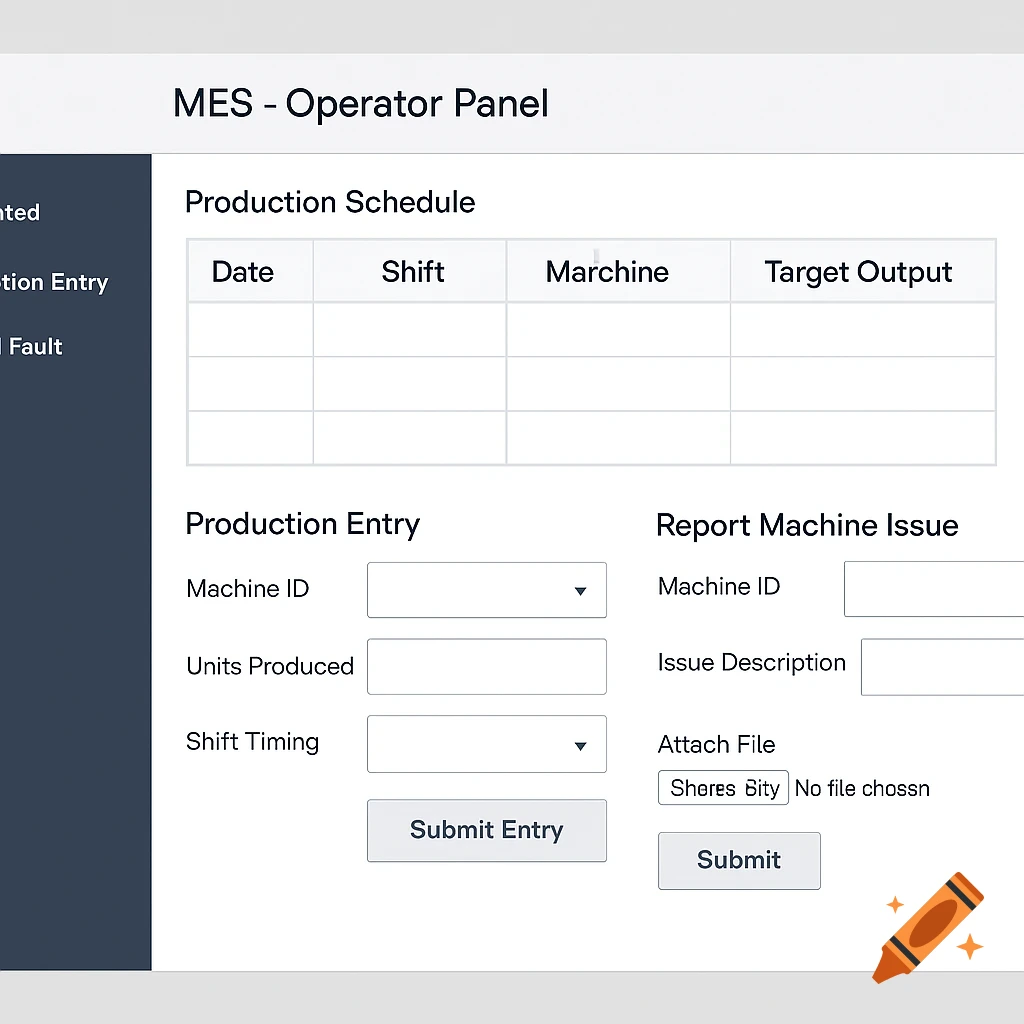 A user interface mockup titled "MES - Operator Panel" with sections for Production Schedule (table), Production Entry (form), and Report Machine Issue (form).