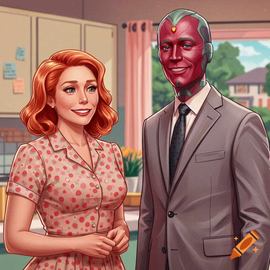 Illustration of Wanda and Vision in retro clothing standing in a kitchen