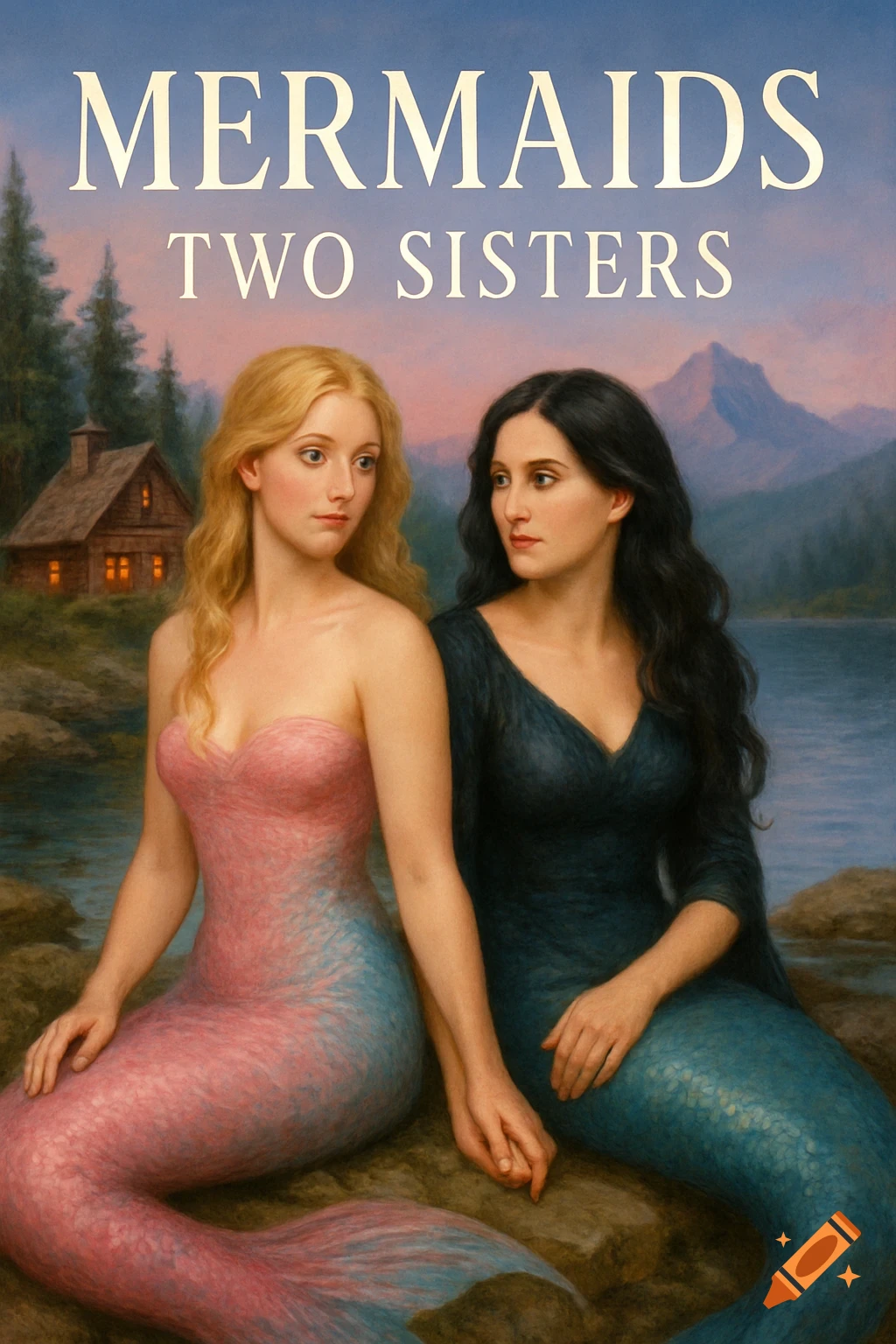 Painting of two mermaid sisters sitting by a lake with a cabin and mountains. Title 'MERMAIDS TWO SISTERS' above.