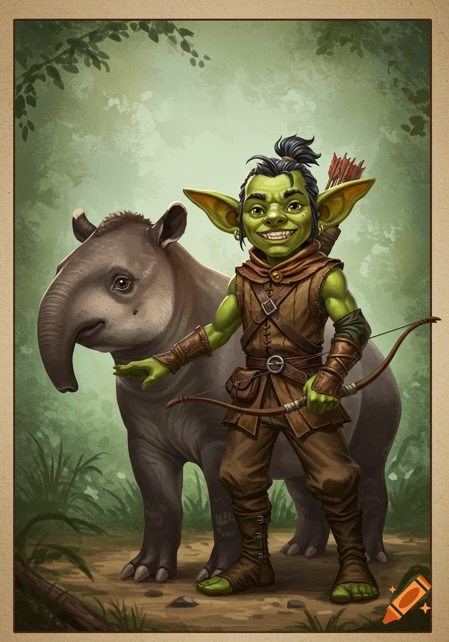 A portrait painting of a goblin ranger standing next to a tapir companion in a forest.