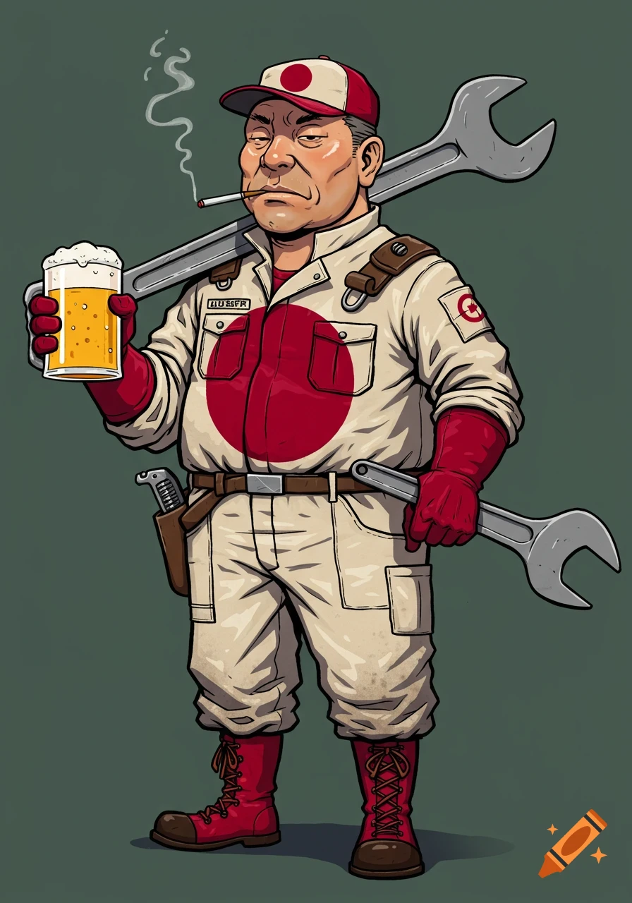 Illustration of a Japanese mechanic holding beer and a large wrench.