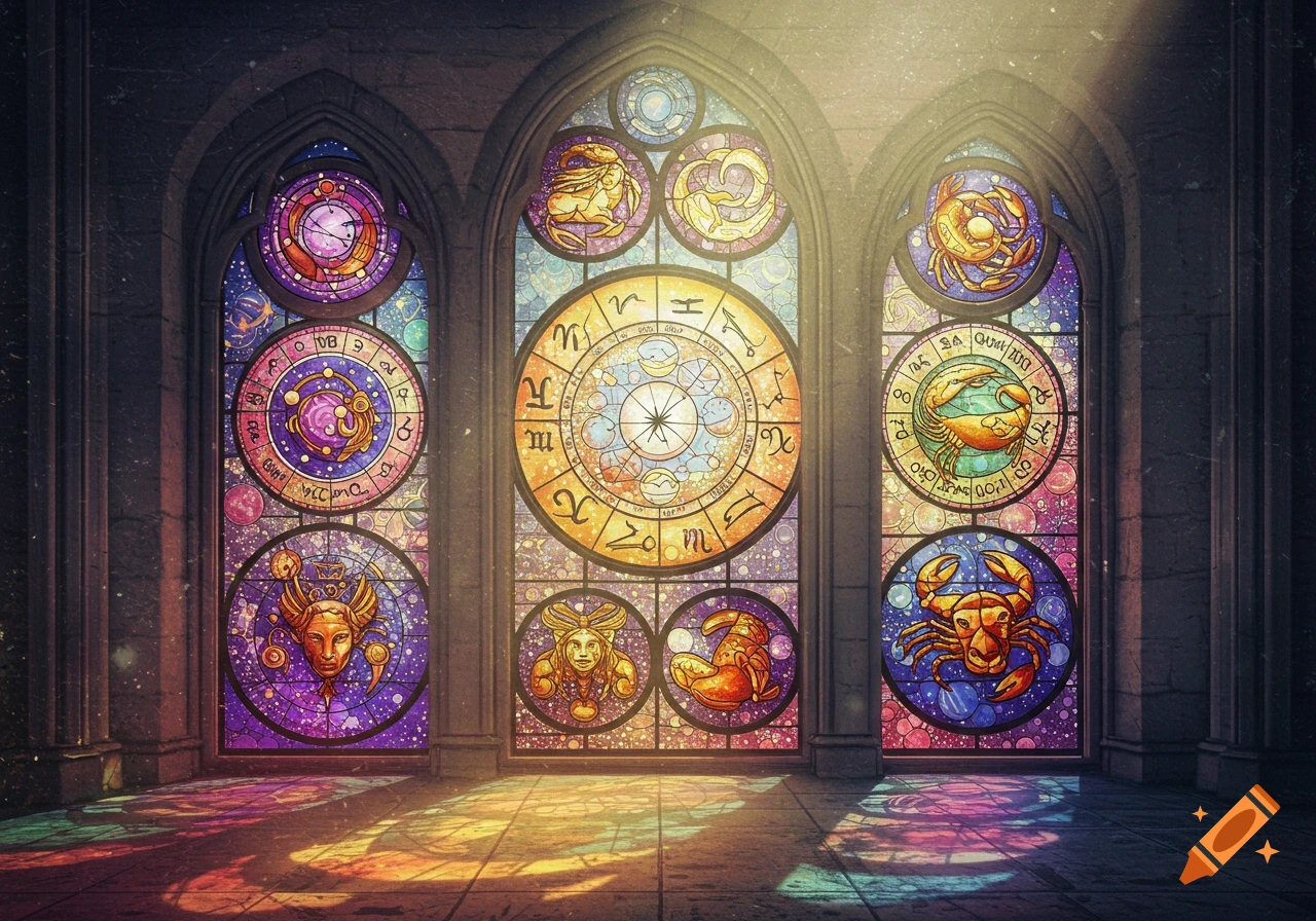 Stained glass windows depicting zodiac and astrology symbols inside a church or cathedral.
