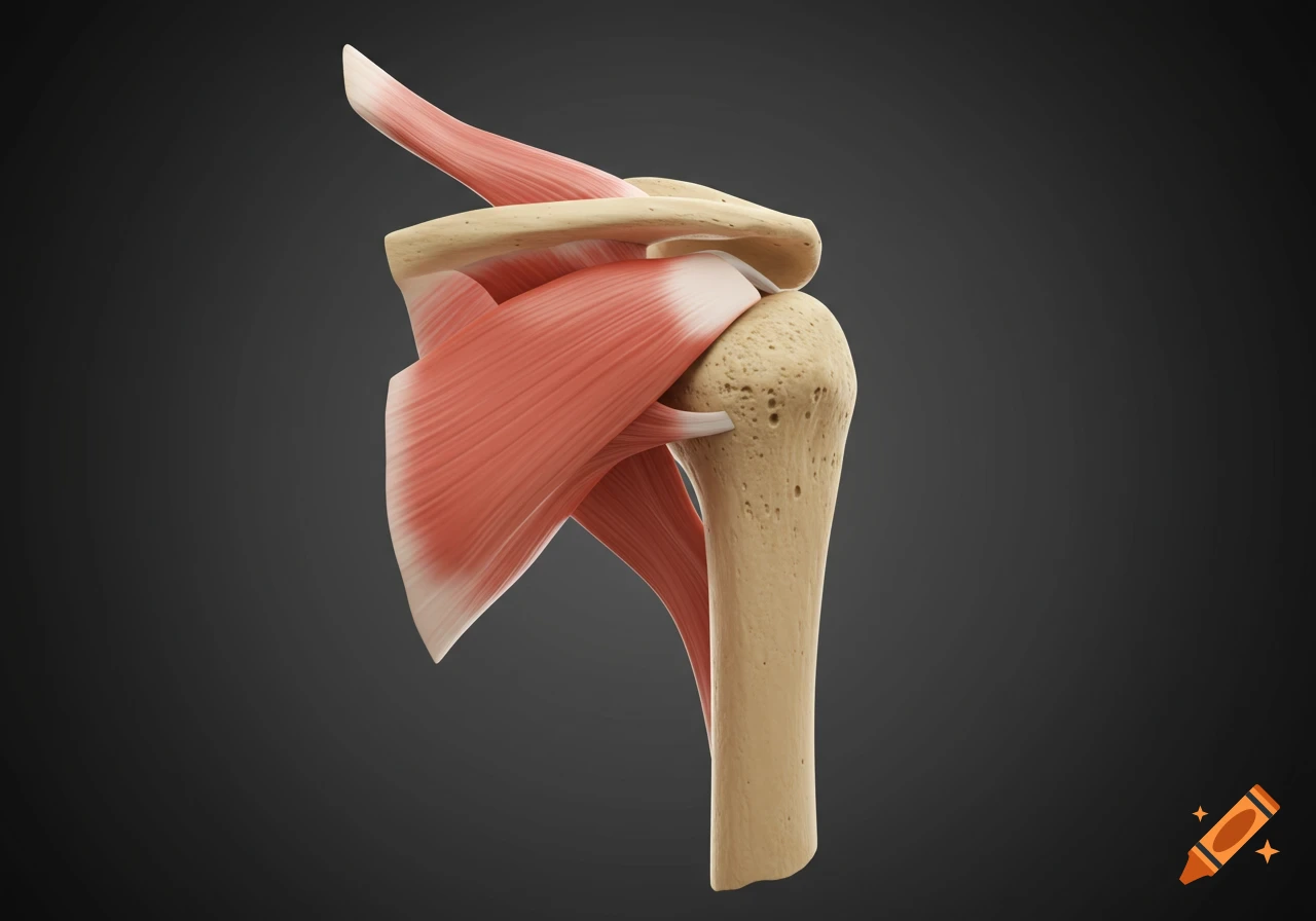 3D rendering of a human shoulder joint with muscles and bones.