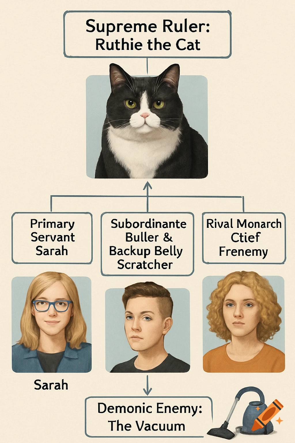 An organizational chart illustration showing a cat as the supreme ruler, with humans and a vacuum below.