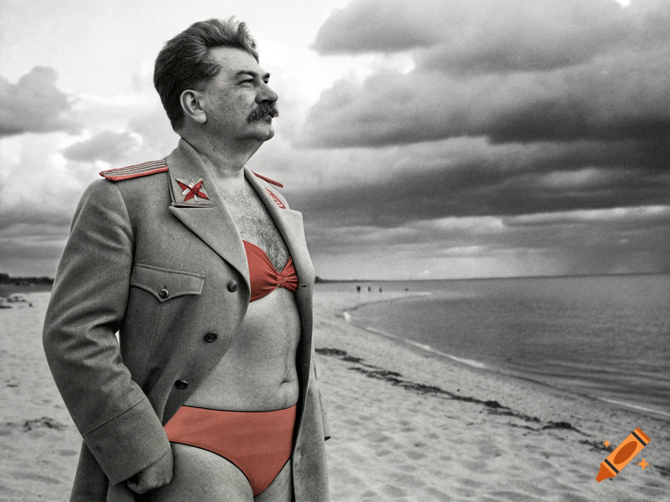 Joseph Stalin in a red bikini and military jacket standing on a beach.