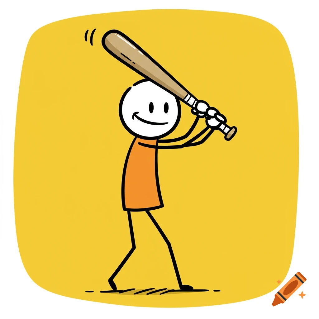 A simple stick figure character in an orange shirt swings a baseball bat on a yellow background.