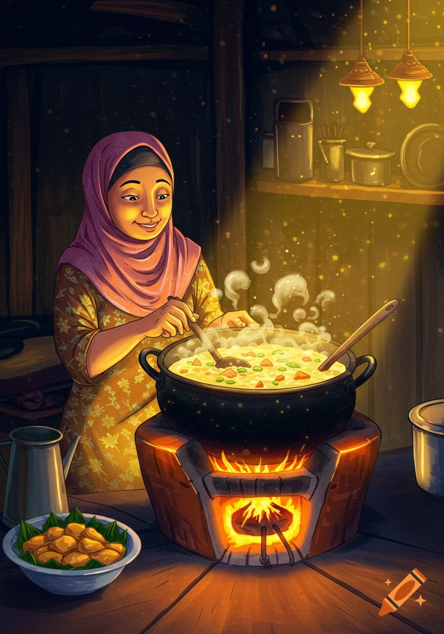 A woman in a hijab cooks over a fire in a traditional kitchen, illustration.