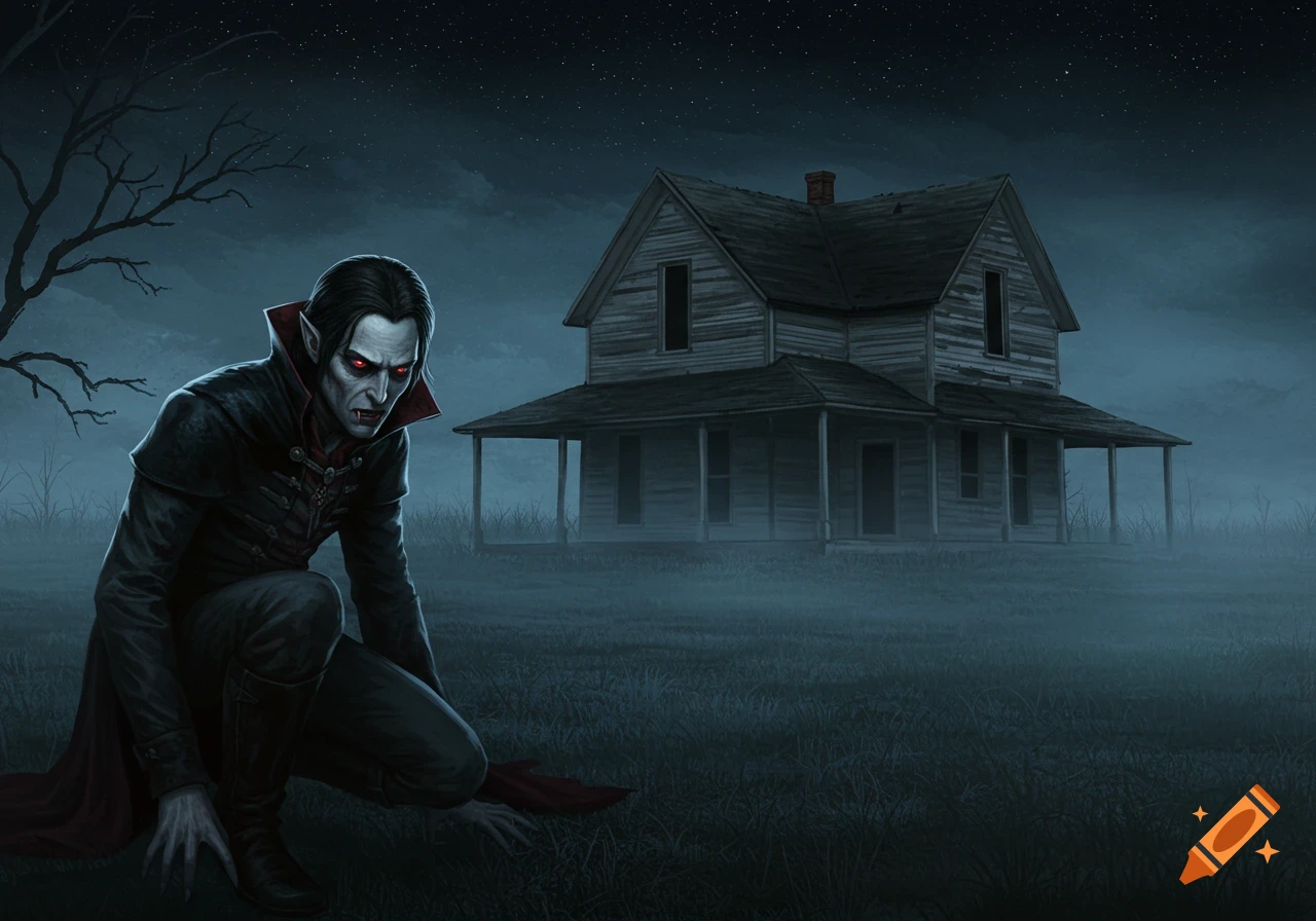 A vampire with red eyes crouches in front of an abandoned farmhouse under a starry night sky.