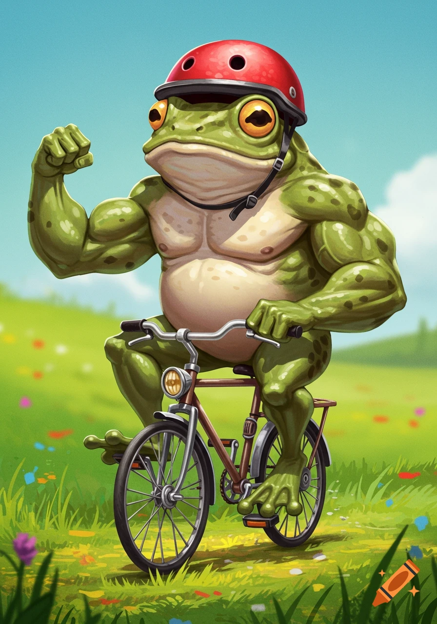 A muscular frog wearing a red helmet rides a small bicycle in a grassy field, flexing its bicep.