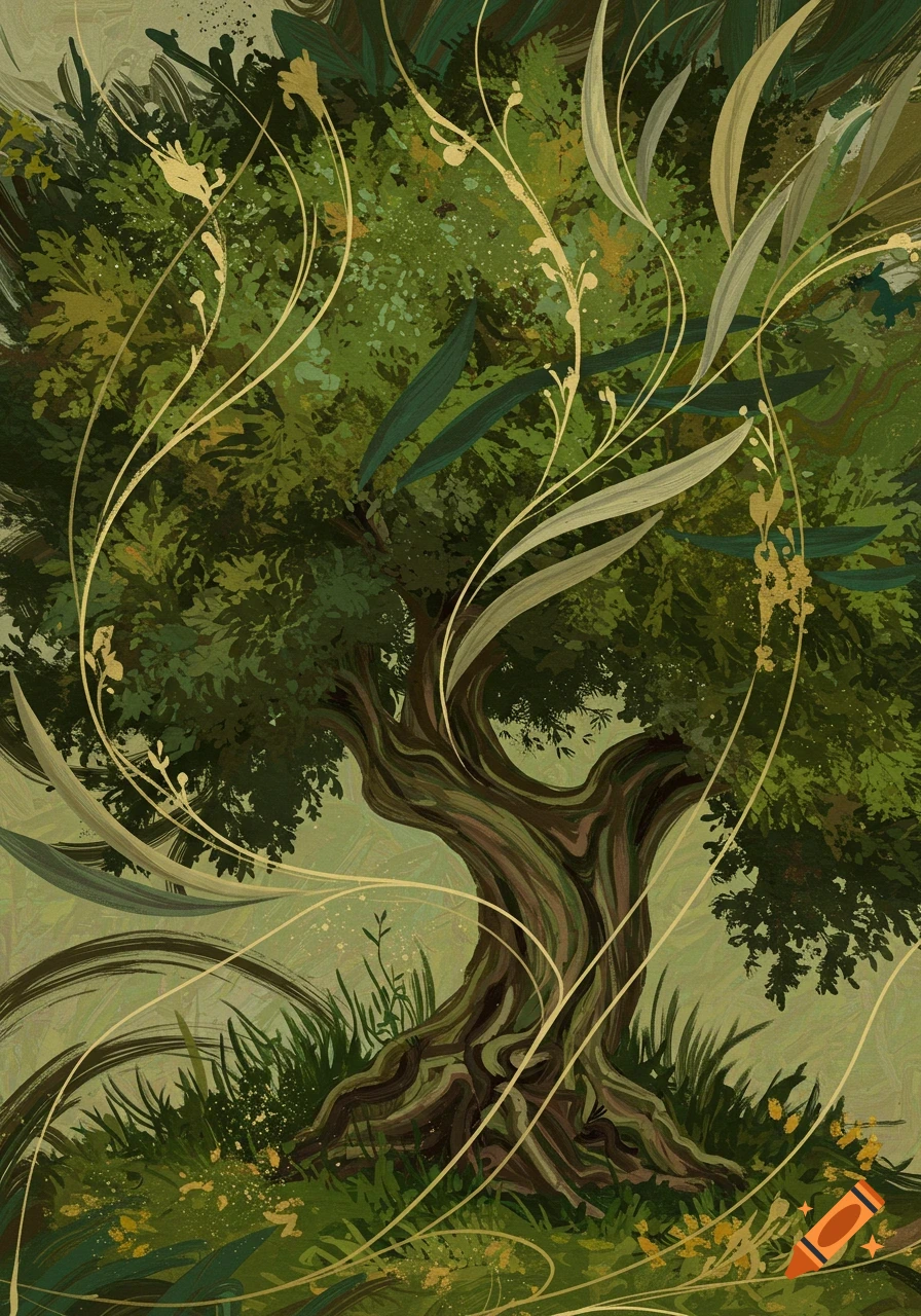 Stylized painting of an olive tree with green leaves and trunk, golden flourishes, and green grass.