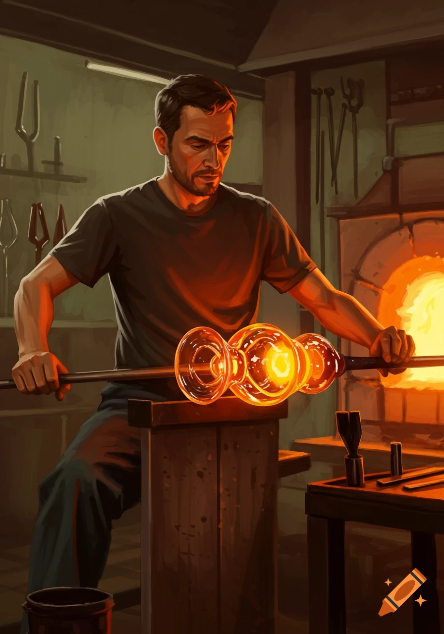 A man blows glass in a hot workshop