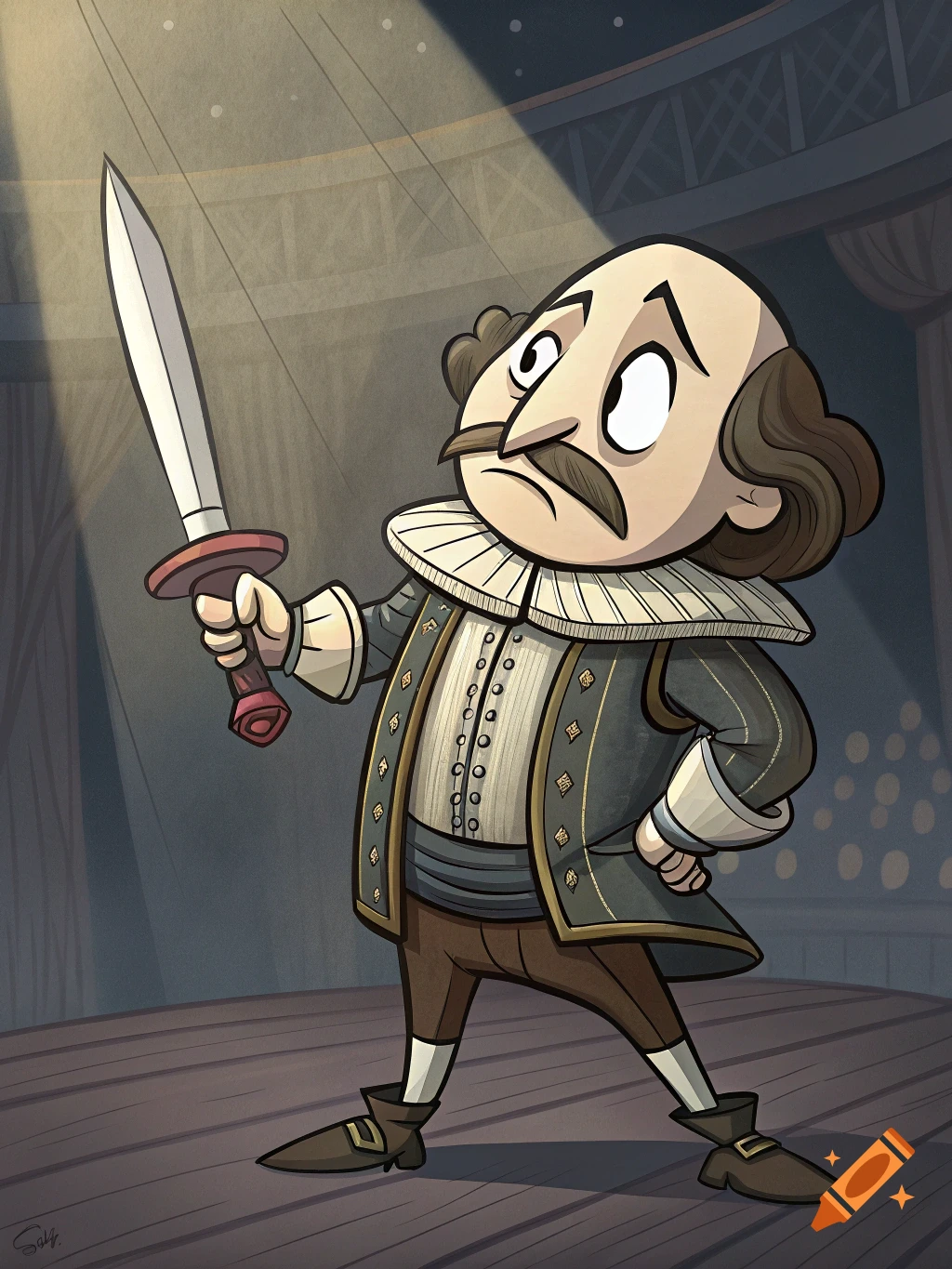 Cartoon depiction of Shakespeare holding a dagger on a stage