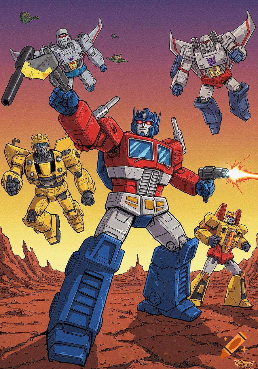 Optimus Prime, Bumblebee, Megatron, Starscream, and other Transformers in a rocky landscape.