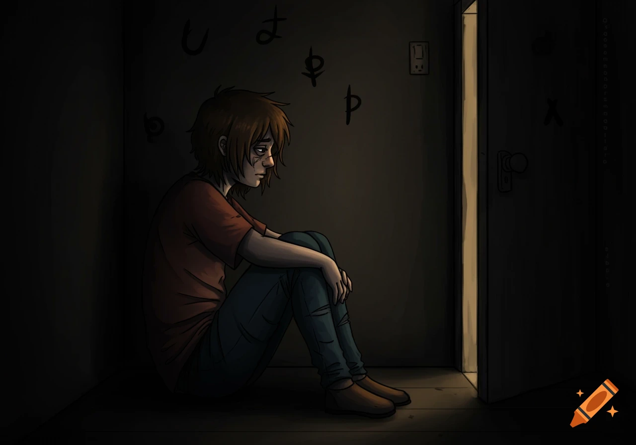 A stylized illustration of a young person sitting alone in a dark room, looking sad, with symbols on the wall and light from an open door.