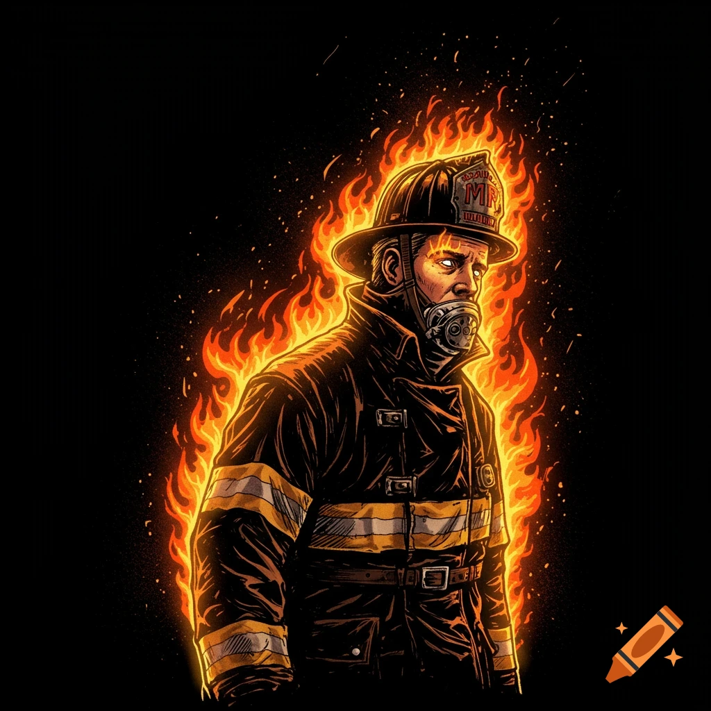 Stylized drawing of a firefighter with flames around his head on a black background.
