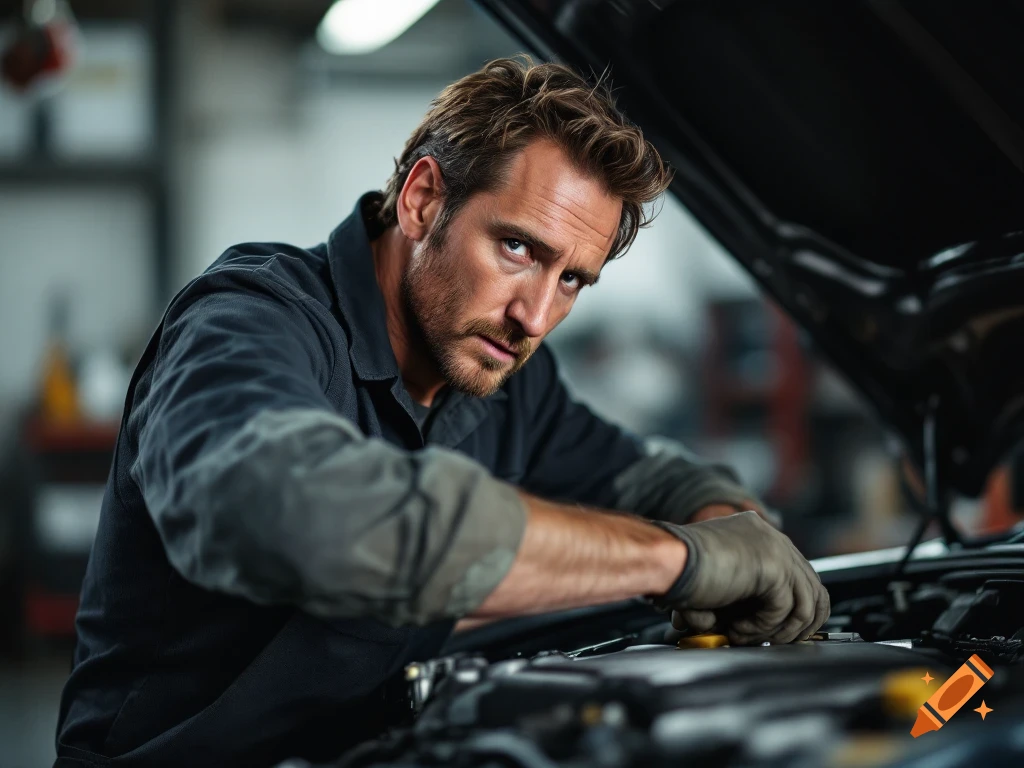 A mechanic works on a car engine.